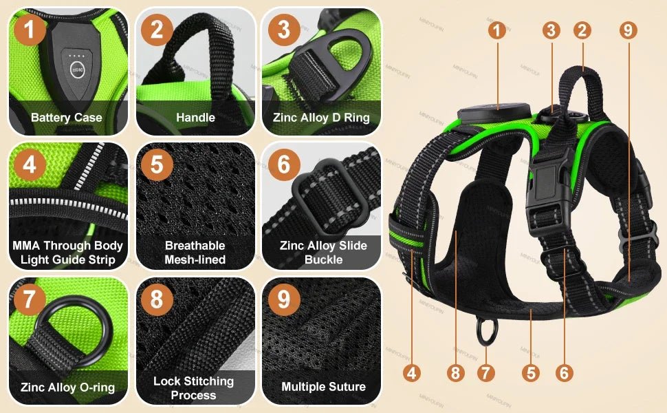 Led luminous Dog Harness No Pull Adjustable Rechargeable Pet Vest Harness Small Medium Large Dogs Outdoor Walking Pet Supplies - Ammdog.com